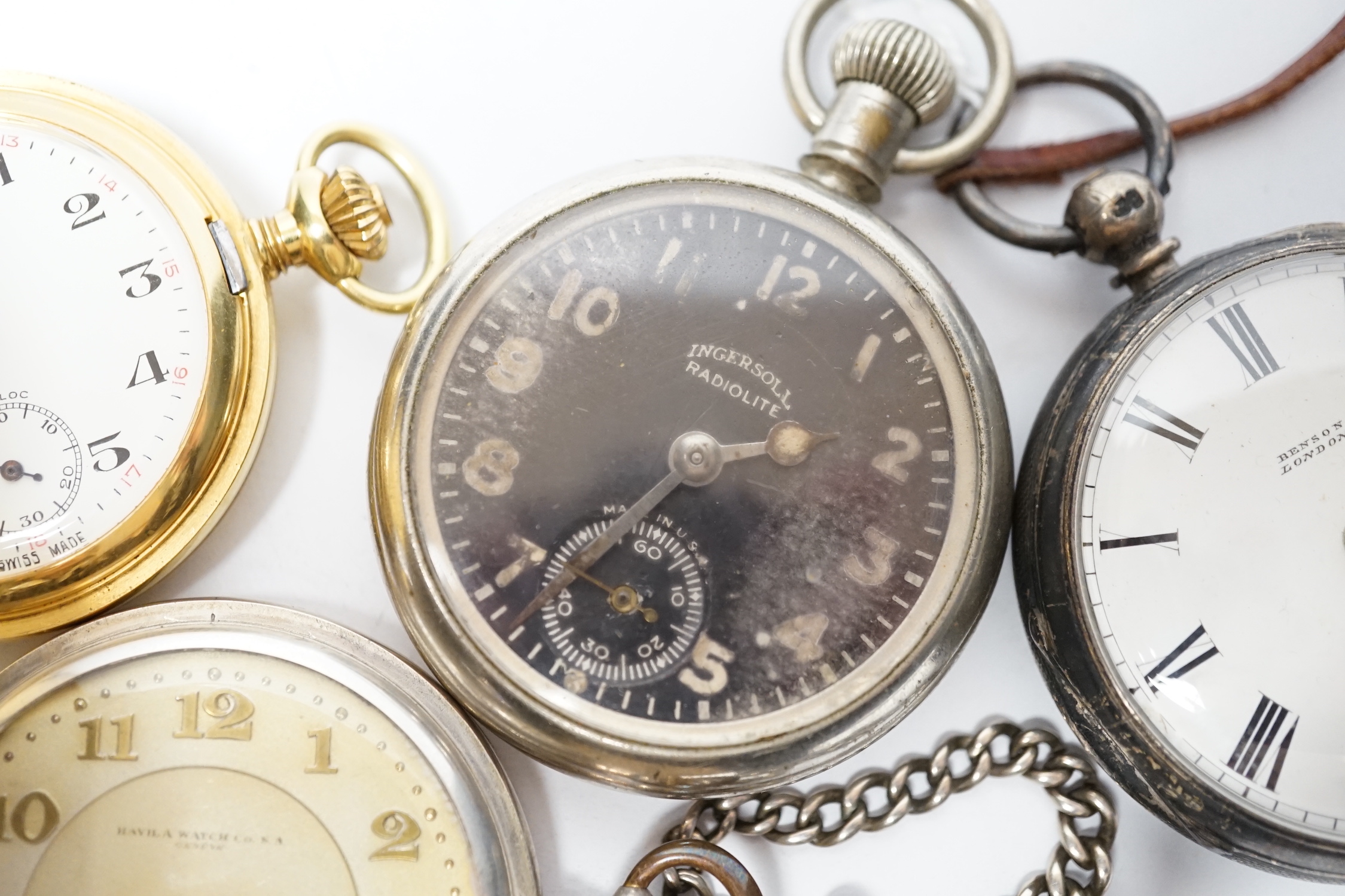 A silver open face pocket watch by Benson, London, an 800 standard hunter pocket watch by Havila and two others including a black dial Ingersoll Radiolite.